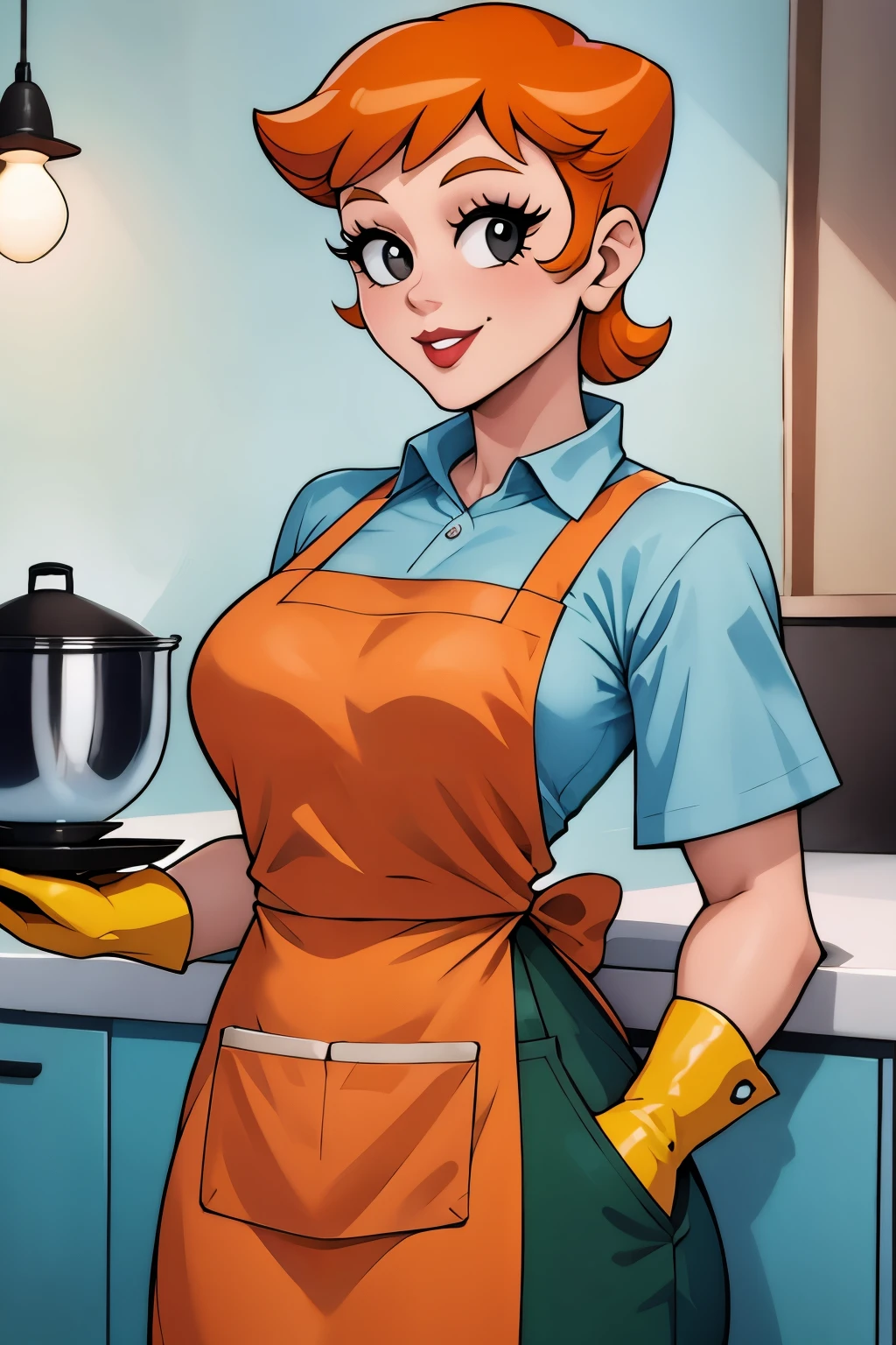 dexters mom,orange hair, black eyes, makeup, earrings,gloves, shirt, apron, green pants, slight smile, high quality,