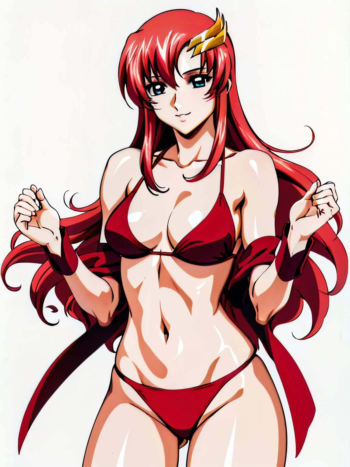 lacus4, (red bikini, running, thong, thin girl, masterpiece, cowboy shot, very slim shoulders, 4K, Best Quality, Anime style: 1.9, happy, Adult Woman, (ultra detailed head), (Drawing lines, high resolution, lacus4), 1girl, Solo, curvy figure, Long hair, clavicle, scapular, (Detailed wide hair bangs, Hair Ornament, Detailed reddish-pink hair, shiny streaks, slim arms, detailed golden crest), cleavage, large hands, (hair cover shoulders). (Big blue eyes, shiny eyes), ((female wrestler, (slim body), slim arms, closed fists, thighs)), ((perfect proportions, medium-small breasts, medium thighs, long belly)), ((totally red bikini)), smile with a wink, (standing, hot colors), detailed fingers, (bare shoulders), (background: simple white background only), (background: simple white background only)