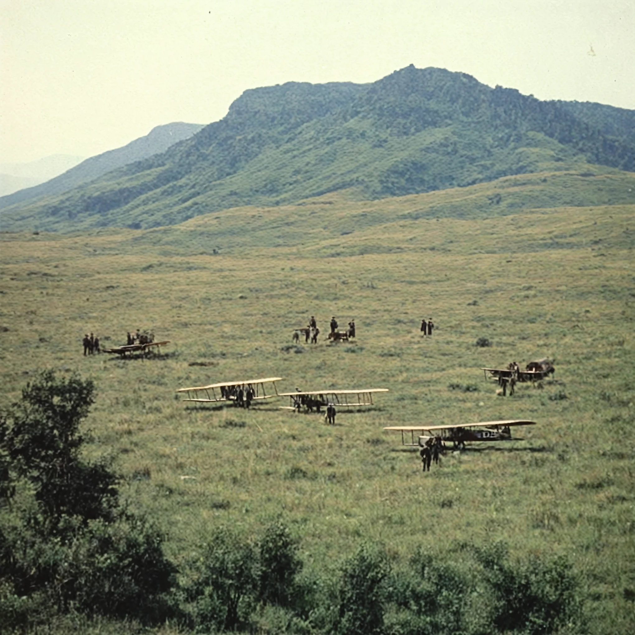 grainy old 35mm vintage, there is a group of 1900-century explorers managing airplanes and setting up acheological equipment, vast scenery