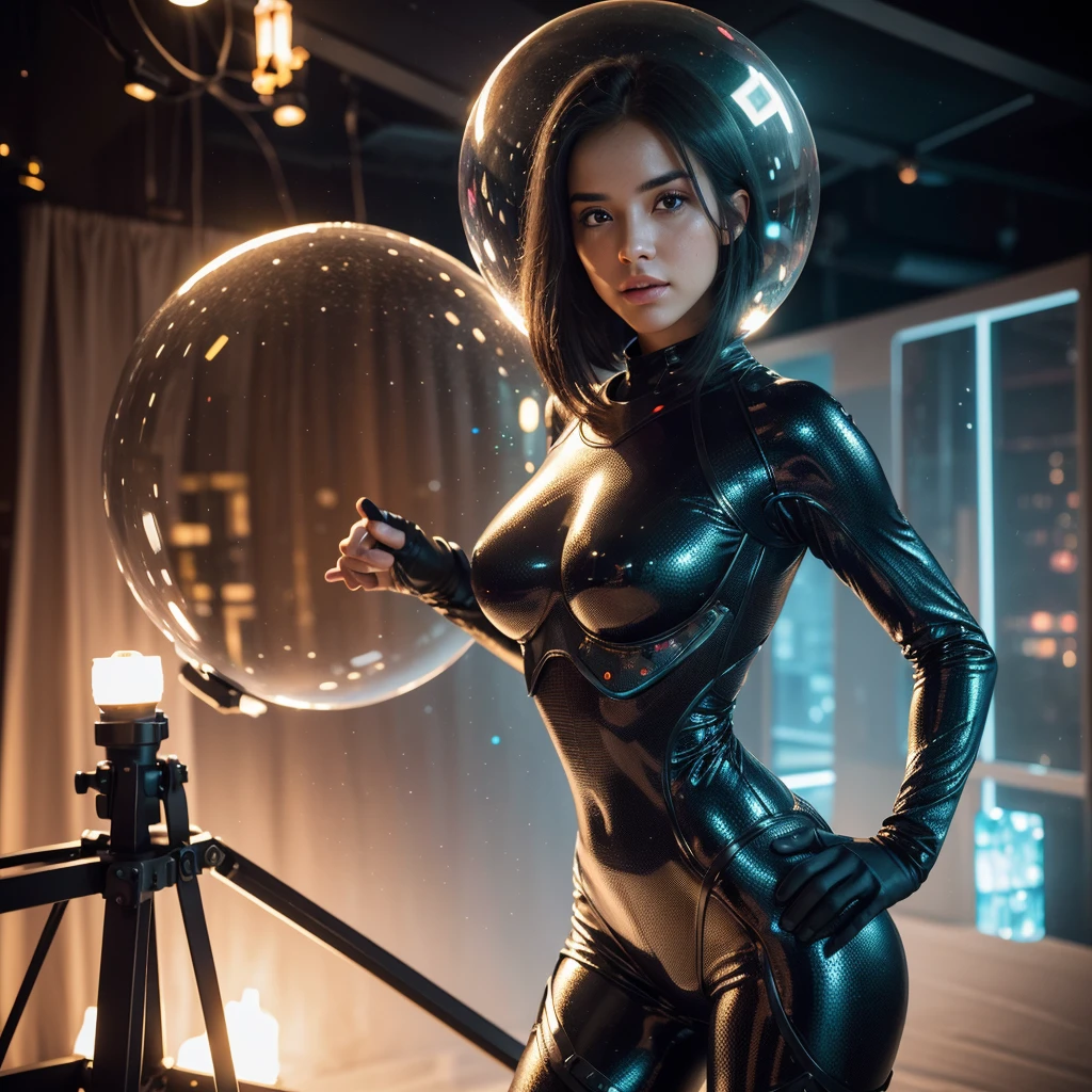 A cute young woman, 20 years old, with bobbed hair, busty, hourglass figure, in a sexy sci-fi exploration suit with a clear bubble helmet, exploring an alien world with bizarre luminescent fungus, (best quality, 4k, 8k, highres, masterpiece:1.2), ultra-detailed, (realistic, photorealistic, photo-realistic:1.37), HDR, UHD, studio lighting, ultra-fine painting, sharp focus, physically-based rendering, extreme detail description, professional, vivid colors, bokeh, sci-fi, concept art