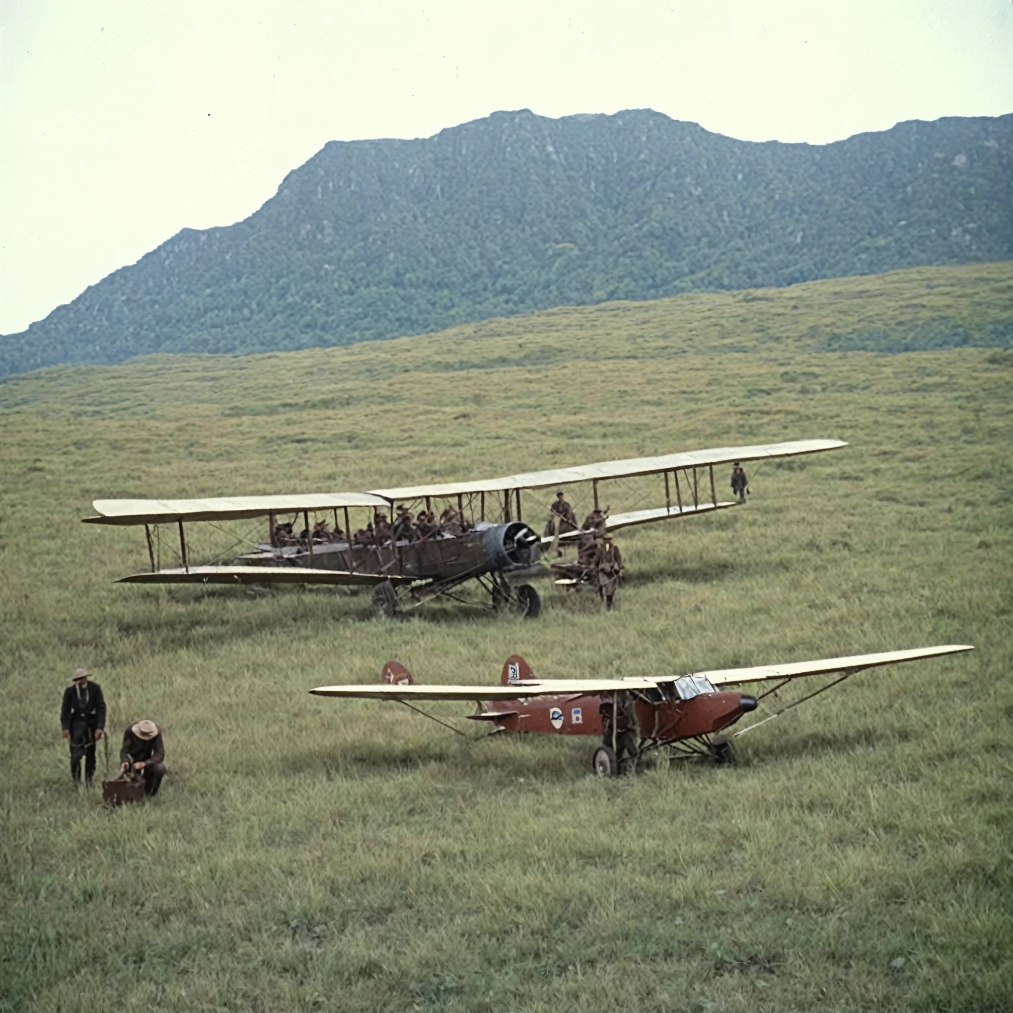 grainy old 35mm vintage, there is a group of 1900-century explorers managing airplanes and setting up acheological equipment, vast scenery