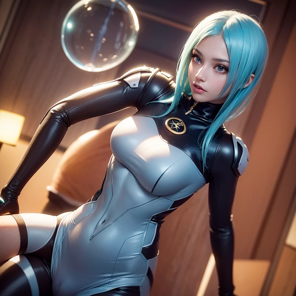 A cute young woman, 20 years old, with bobbed hair, busty, hourglass figure, in a sexy sci-fi exploration suit with a clear bubble helmet, exploring an alien world with bizarre luminescent fungus, (best quality, 4k, 8k, highres, masterpiece:1.2), ultra-detailed, (realistic, photorealistic, photo-realistic:1.37), HDR, UHD, studio lighting, ultra-fine painting, sharp focus, physically-based rendering, extreme detail description, professional, vivid colors, bokeh, sci-fi, concept art