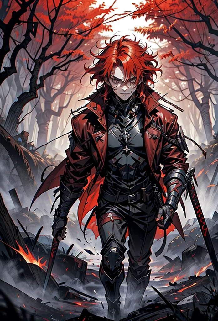anime-inspired, dark fantasy masterpiece, top-quality, (gothic horror ambiance), (a fearsome warrior), (wild-haired fury), (red-haired adventurer), (short messy red hair), (leather overcoat and gauntlet), (leather bird mask), (sword-wielding), (tense and determined stance), (charging into a dark, cursed forest), (forest filled with sinister shadows and twisted trees), (foreboding atmosphere), (pain and fury etched on his face), (a symphony of fear and war), (an epic tale unfolds).