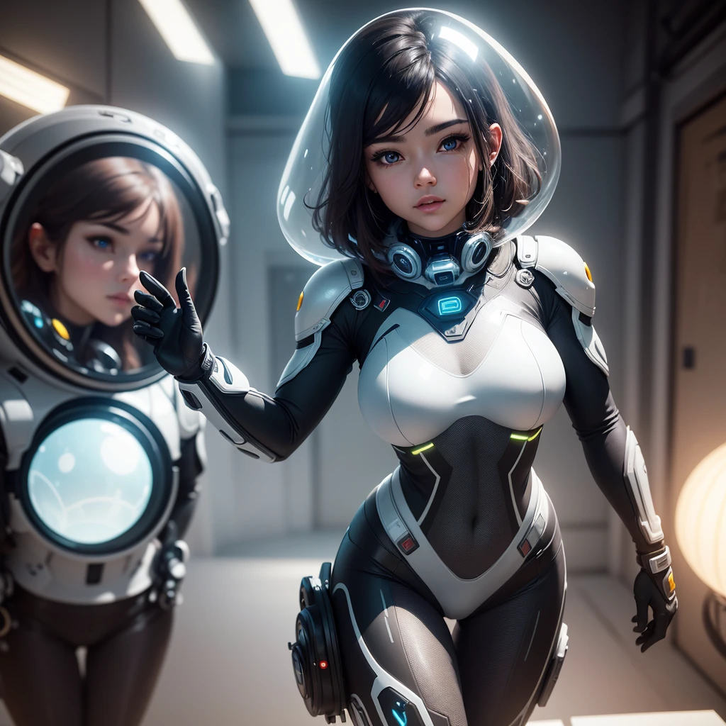 A cute young woman, 20 years old, with bobbed hair, busty, hourglass figure, in a sexy sci-fi exploration suit with a clear bubble helmet, exploring an alien world with bizarre luminescent fungus, (best quality, 4k, 8k, highres, masterpiece:1.2), ultra-detailed, (realistic, photorealistic, photo-realistic:1.37), HDR, UHD, studio lighting, ultra-fine painting, sharp focus, physically-based rendering, extreme detail description, professional, vivid colors, bokeh, sci-fi, concept art
