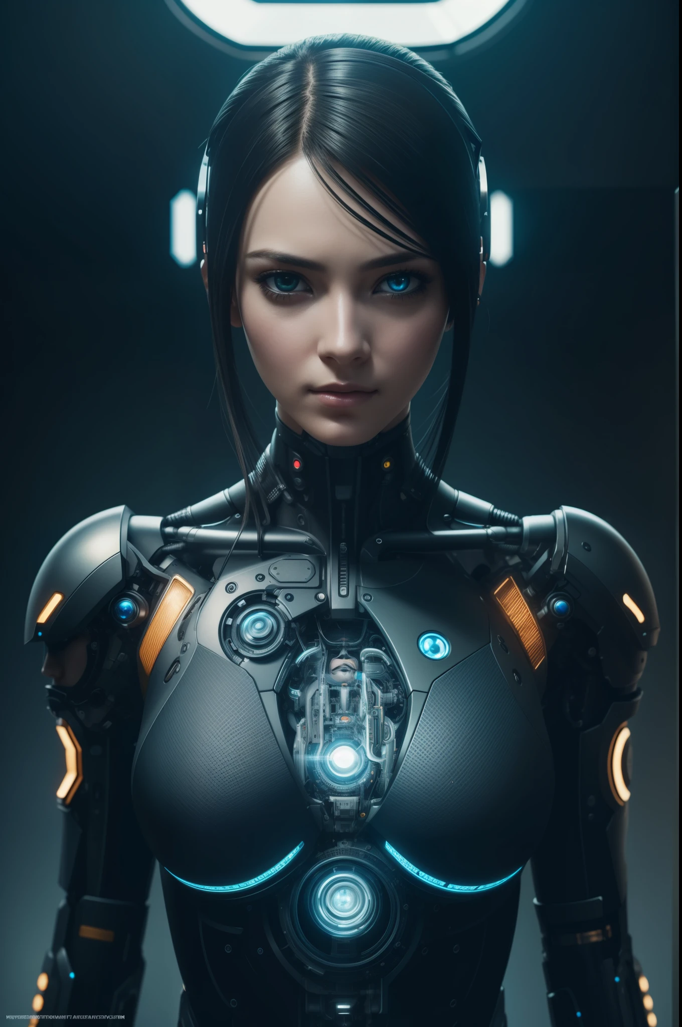 Centered portrait of an ultra detailed Mechanical Cyberpunk Female Android, looking into the camera, intricate, elegant, super highly detailed, smooth, sharp focus, no blur, no dof, extreme illustration, Unreal, full body (details), full body very detailed