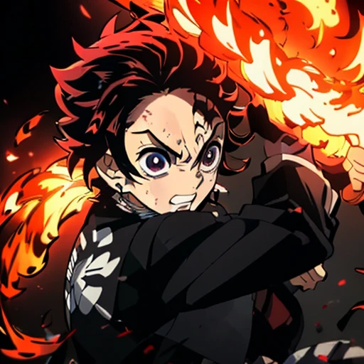 masterpiece、Demon slayer、tanjiro kamado、Flame Background、Japan of Flame、Angry face