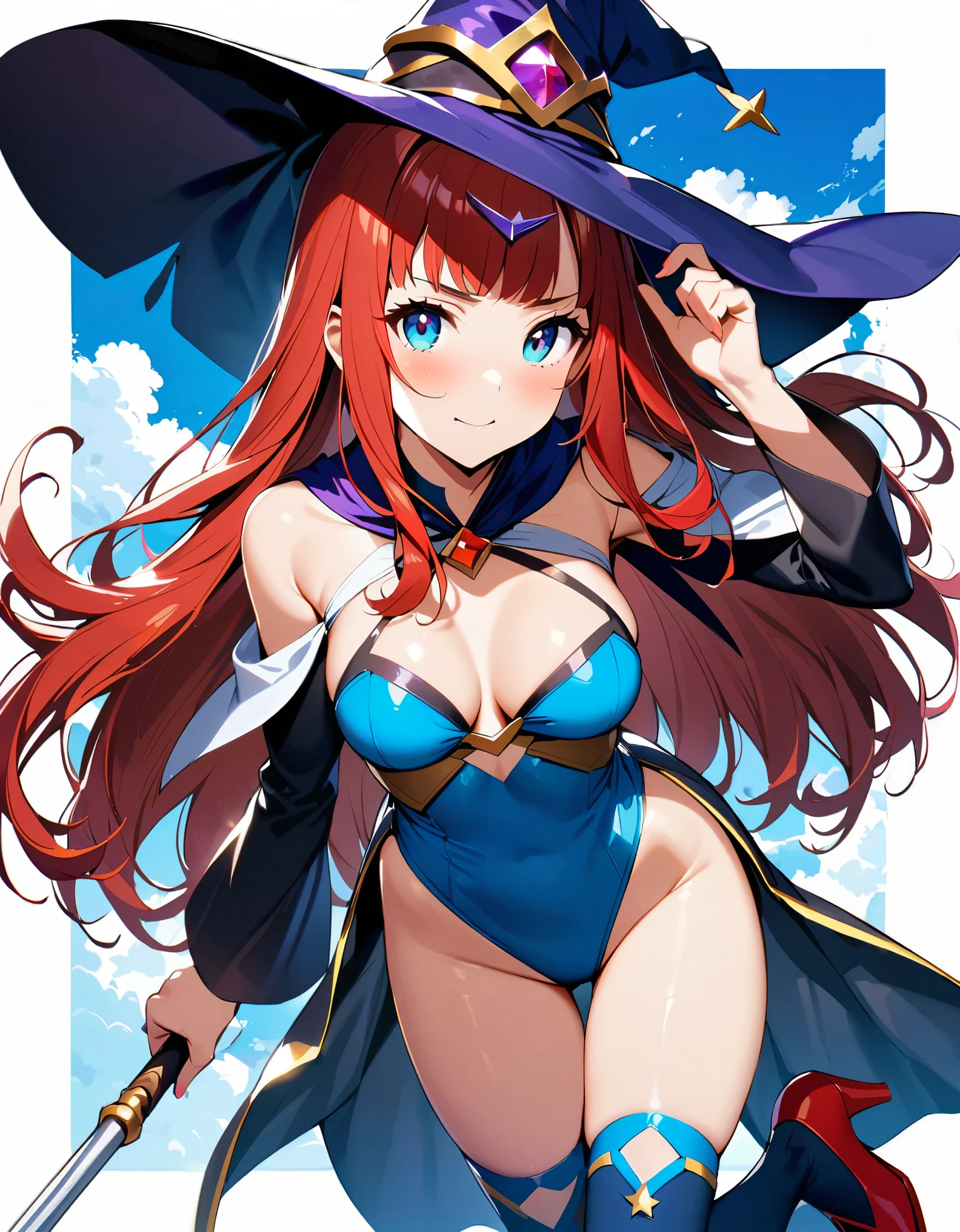 1girl, high school student, superhero, holding wand, superhero sorceress witch, sky witch, leotard, blue leotard with white accents, bare legs, blue thigh-highs, red high heels, witch hat, red hair, long hair, blue eyes, beautiful detailed eyes, beautiful detailed face, cute face, medium breasts, age 16-18, solo, solo focus, wonder