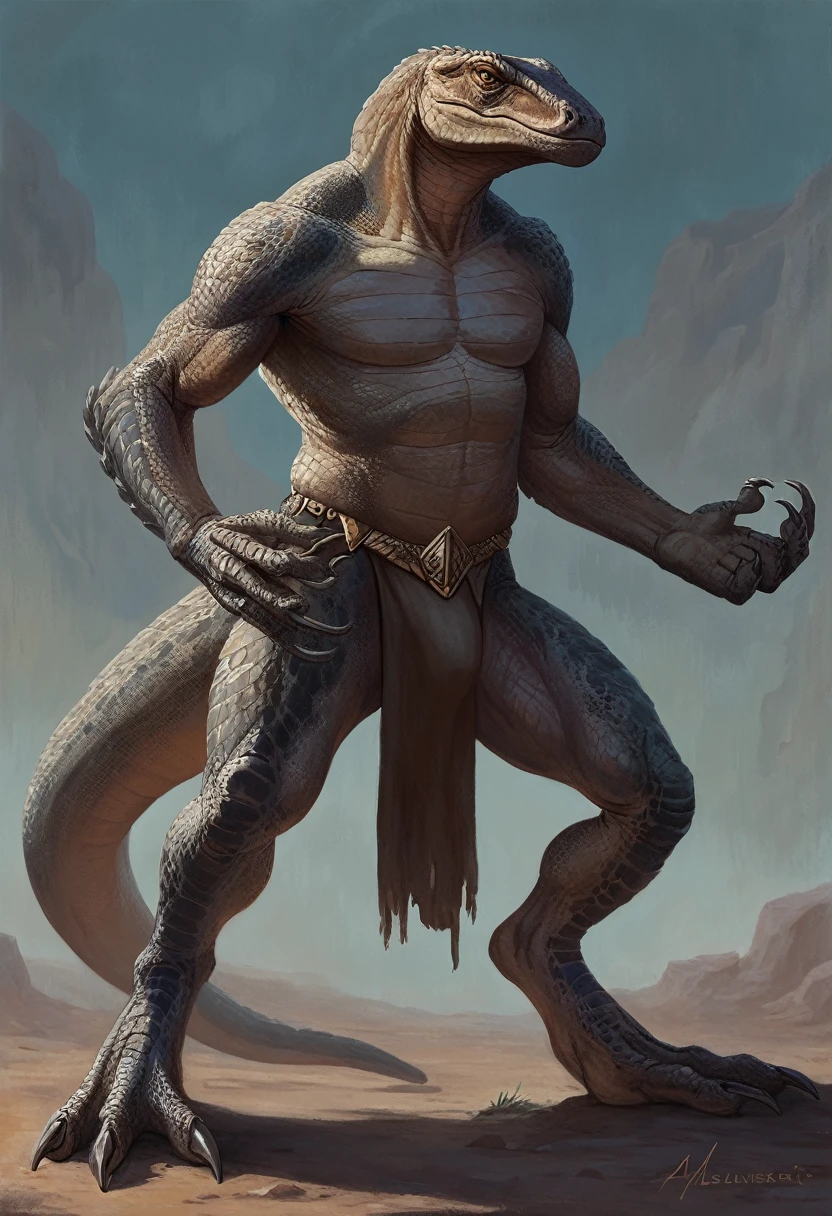 (solo), male anthro komodo lizard, standing, loincloth, masculine, badass, claws, detailed scales, open moutg