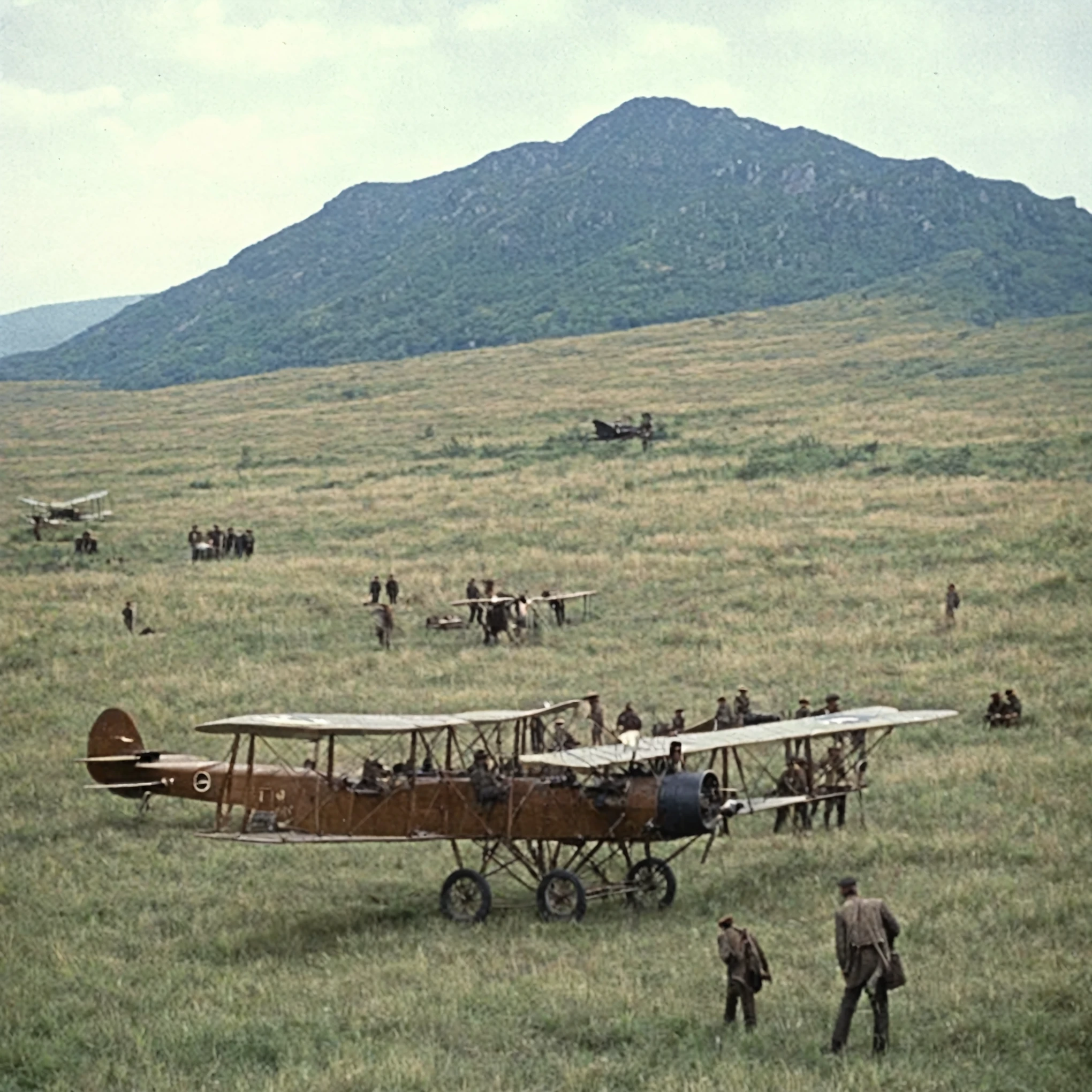grainy old 35mm vintage, there is a group of 1900-century explorers managing airplanes and setting up acheological equipment, vast scenery