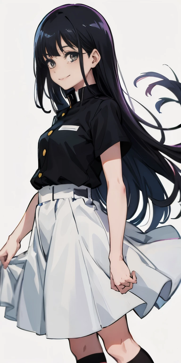 anime girl, wearing jujutsu kaisen inspired uniform, all black uniform, long black hair with bangs, gray eyes, beautiful, long skirt, small breasts, smiling