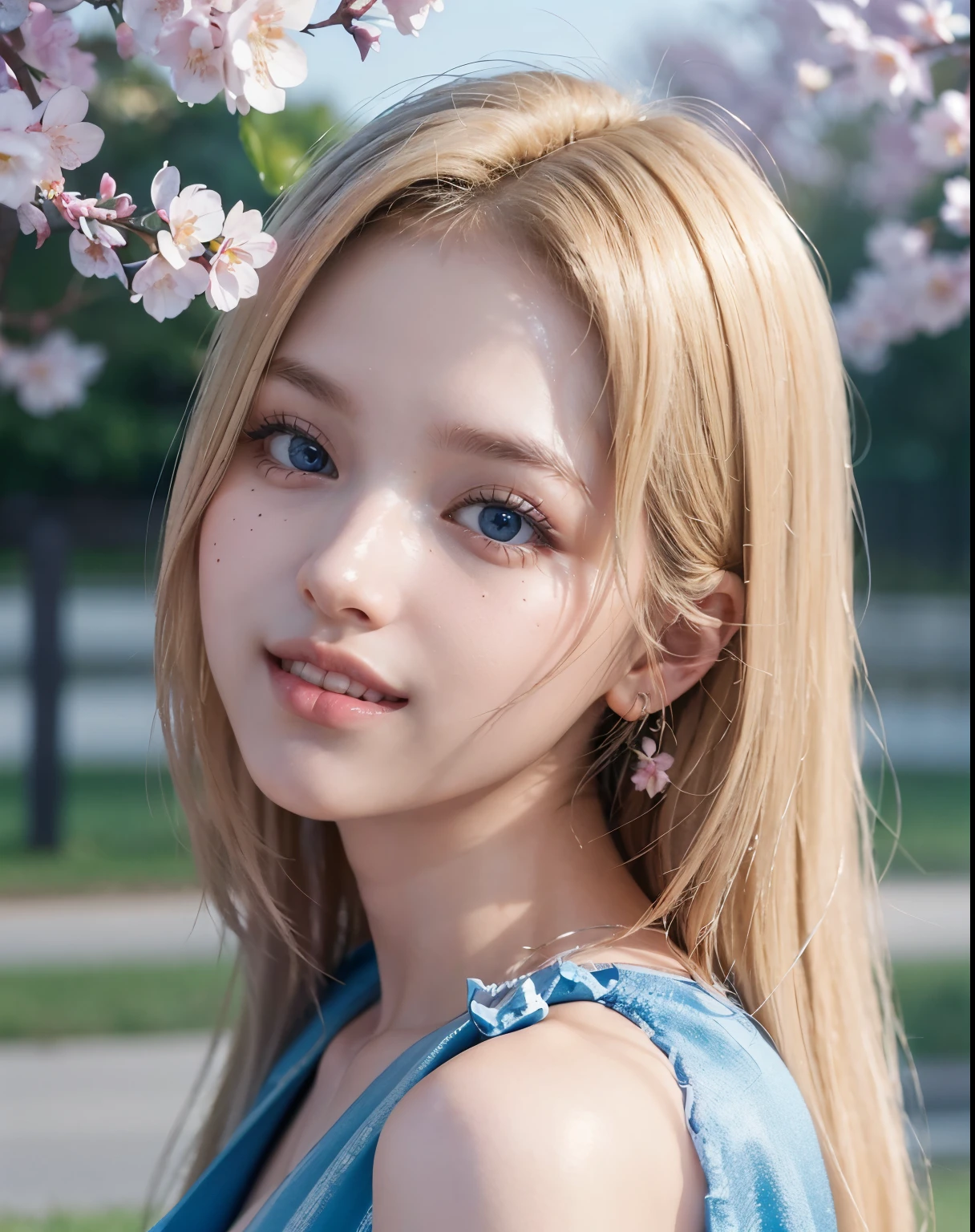 1girl, (Blue Eyes), (smiling :1.2), (Sana Minatozaki), (wide hips), Big tits, (big ass), (Best Quality, 8k, Masterpiece: 1.3), Clear Focus: 1.2, Perfect Body Beauty: 1.4, strong abs, Highly detailed face and skin texture, detailed eyes, double eyelids, (blonde long straight hair :1.2), Very delicate and beautiful brightly colored clothing, Upper Body, Looking at the audience, Show me your ears, Background in front of the school gate、Beautiful cherry blossom tree background, Face close-up, Tall Portrait, Attractive woman