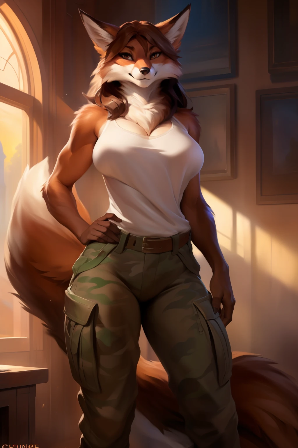 4k, high resolution, best quality, masterpiece, perfect colors, perfect shadows, beautiful and detailed portrait of a (((feminine))), perfect lighting, posted on e621, (by Chunie, by Einshelm), furry, anthro, furry art, ((portrait)), Female, black legs from foot to knee, Beautiful brown eyes, fit body, perfect masculine body, detailed fur, detailed face, ((Bonifasko lighting)), (detailed eyes), perfect pupils, Tall, Long brown hair, messy long hair, Wide hips, big legs, medium breasts, exposing breasts, Camo cargo pants, Arms white, Shark, Very muscular
