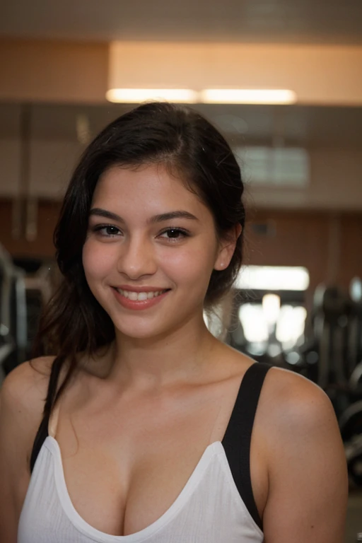 Foto de espalda pero mirando a la camara 20 year old latina black hair light eyes full lips beautiful face , sonriendo sexy, en el gym