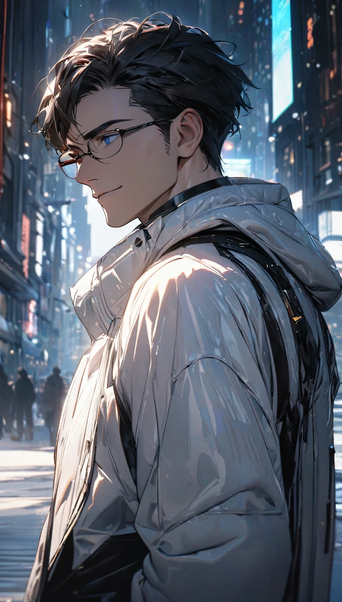 (masterpiece:1.5),best quality,(1 handsome and calm man),alone,black hair,(blue eyes), (cold and distant expression),(Glasses),light smile,perfect face,muscular body,High,8K,Beautiful contrast of light and shadow,black trousers,loose jacket,Functional style technical white jacket,Decorative clothing elements,Sci-fi,Clothing with a sense of technology and fashion,black leather trousers,((Full upper body close-up)),luxury urban background