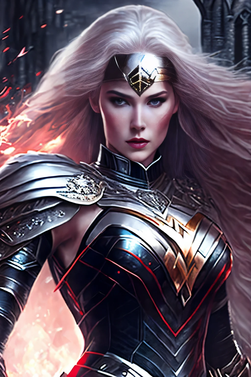 wonder woman with red pupils, long reddish white hair, evil expression, corrupted by evil, dressed in beautiful black armor with silver patterns all over the armor, exuding a silver glow, In the background, a destroyed and burning medieval castle
