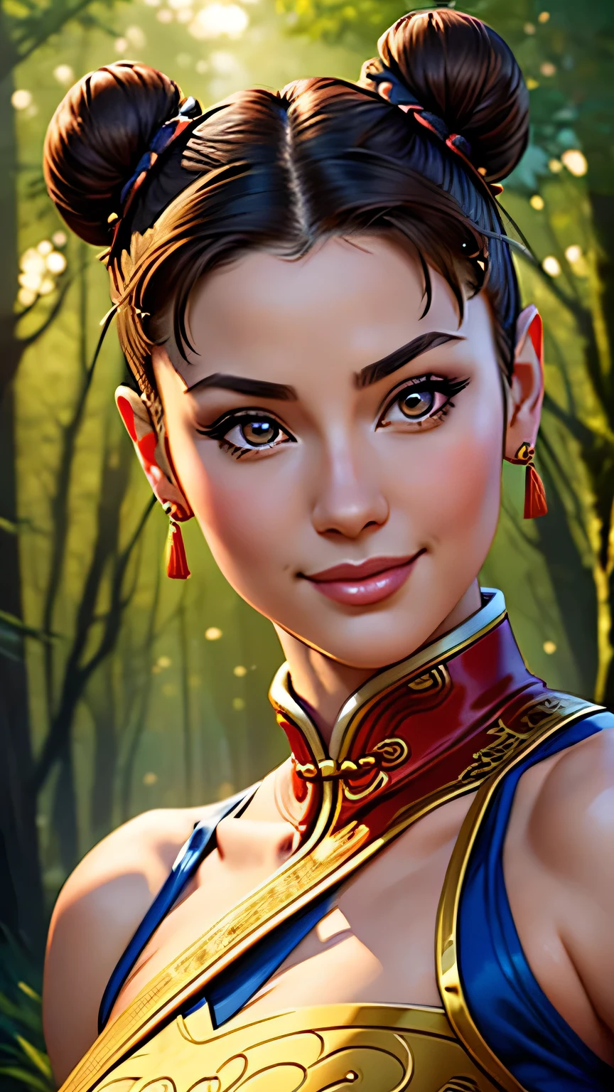 1girl, solo, (highly detailed eyes), detailed face, intricate details, chun-li, short hair, brown eyes, double bun, Chinese dress, forest, soft lighting, ((realistic)), (looking at viewer), flirty smile, happy, shy