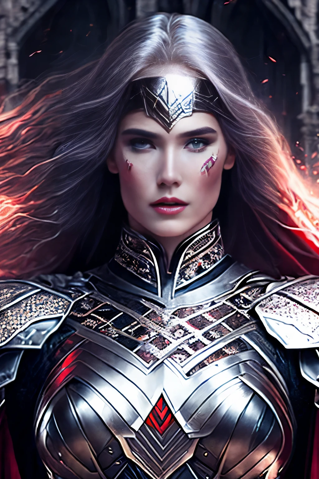 wonder woman with red pupils, long reddish white hair, evil expression, corrupted by evil, dressed in beautiful black armor with silver patterns all over the armor, exuding a silver glow, In the background, a destroyed and burning medieval castle