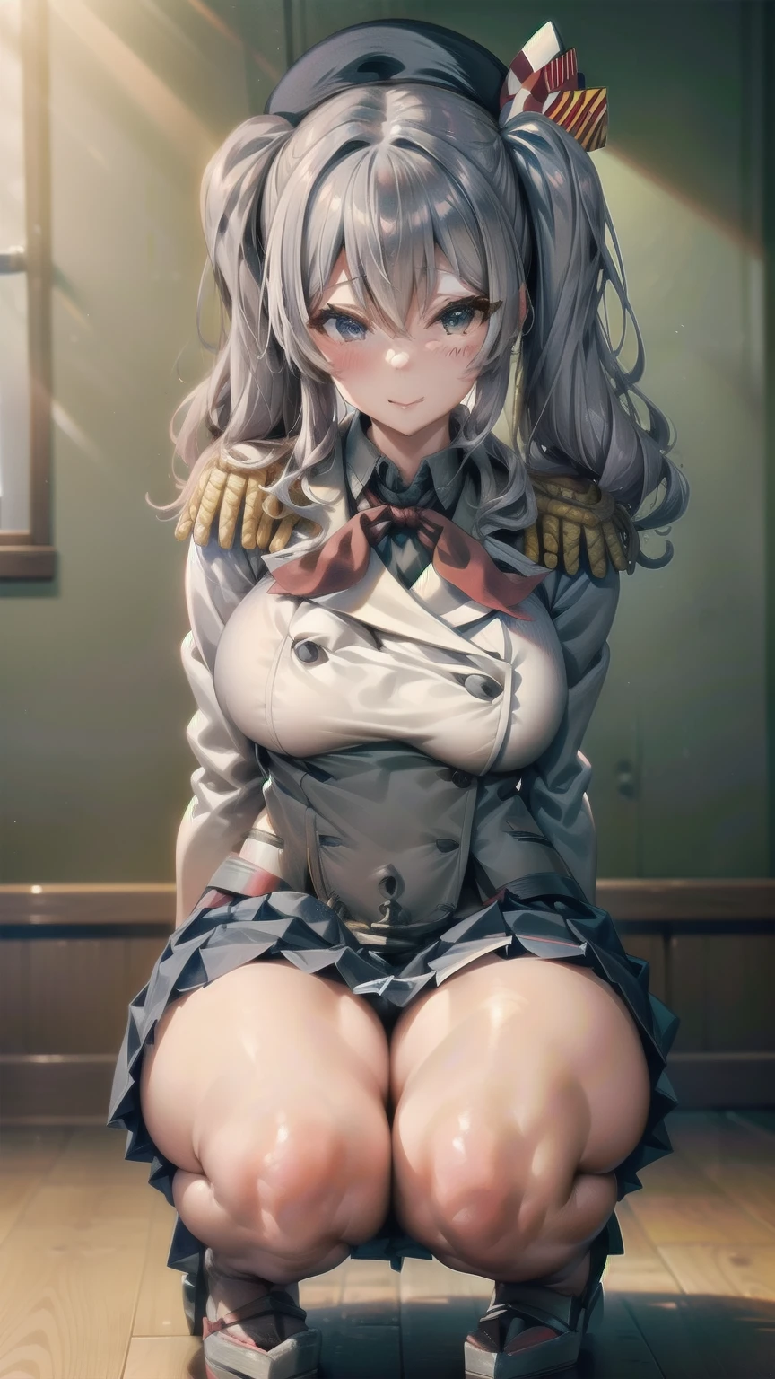 ((labia))、((Uterus))、((Love juice))、(((No underwear)))、Ahegao、(((Squat)))、Erect nipples、((((skirt lift))))、(((skirt hold)))、((White panties))、((cameltow:1.3))、(((Open your thighs wide to the left and right)))、(((Showing off your crotch)))、(((Arm behind head)))、beret、Open your mouth, Normal Breasts ,Blue Eyes、Oblique eyes,BTPT-FC,Wide Hips,smile,Embarrassing, blush, Wide Hips,Open your mouth,Wavy Hair,alone,Kashima,Twin tails,Gazing at the audience,
Silver Hair,Tsurime,kantai collection, smile,,Wide Hips, highest quality,White jacket, Military jacket, uniform,Grey mini skirt,Pleated skirt,have,Squat,Squat,Showing off your crotch to the viewers,Open your thighs wide to the left and right,whole body,room,Neck ribbon,Ruffle sleeves