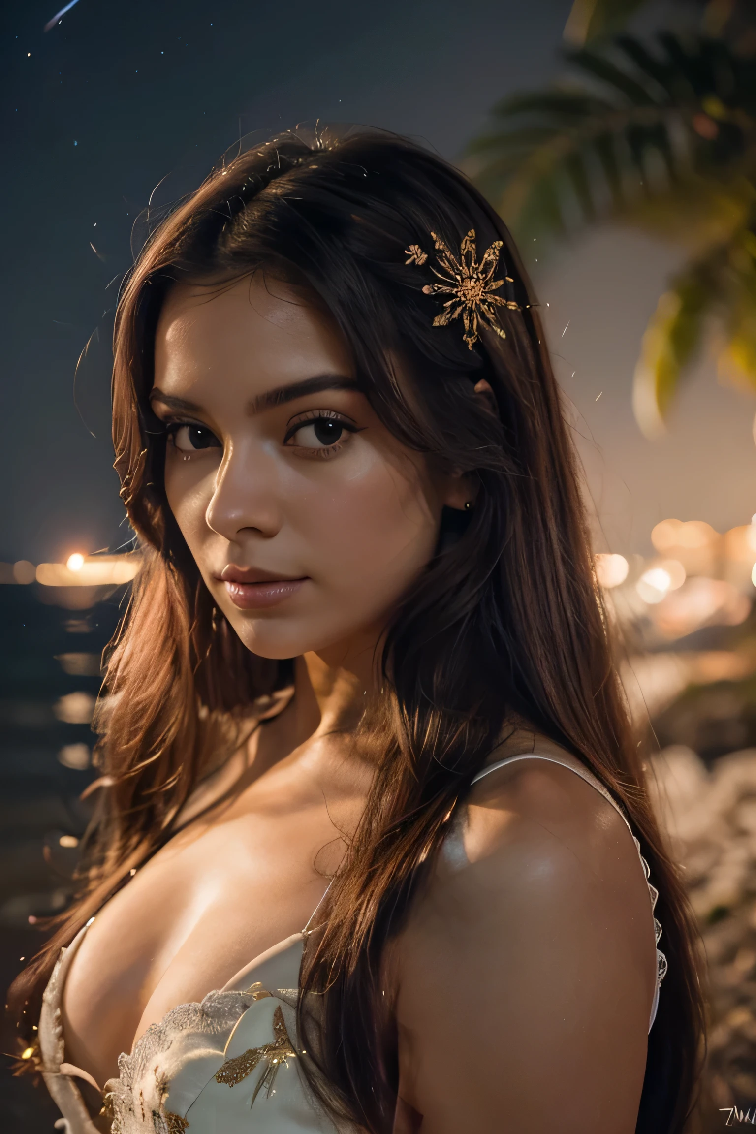 Obra de arte, melhor qualidade, noite, montanha, lua cheia, cabelo vermelho comprido, mulher, vaga-lume, estrelas, misteriosa flor de cerejeira, Folhas rosa, alta qualidade, beautiful graphics, alto detalhe