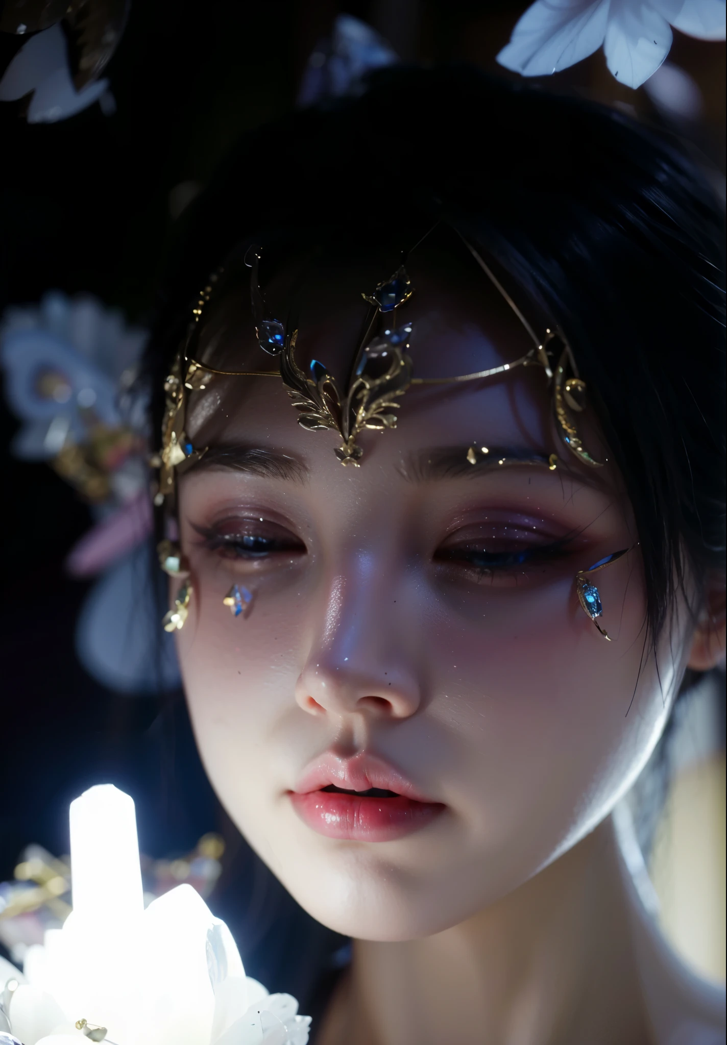Game Art，Best image quality，Maximum resolution，8k，(A half-length photo)，(portrait)，(Head close-up)，(Rule of Thirds)，Unreal Engine 5 rendering works，20 year old girl，((Queen))，The eyes are very detailed，(Large Breasts)，Elegant and noble，Light，Light线追踪，Game CG，((3D Unreal Engine))，OC rendering reflection mode，4K，Ultra-clear，Sensual，Translucent lace，Fair and plump figure，Pretty Face，Light泽凝胶涂层，身着华贵礼服的Queen，Crystal Gem Crown，Necklace jewelry，blue eyes，The tattoo is very three-dimensional，Gorgeous and intricate tattoo designs，Ultra-clear portrait，Sexy body，Temple Princess，Sapphire eyes，Gorgeous clothes，Close your eyes