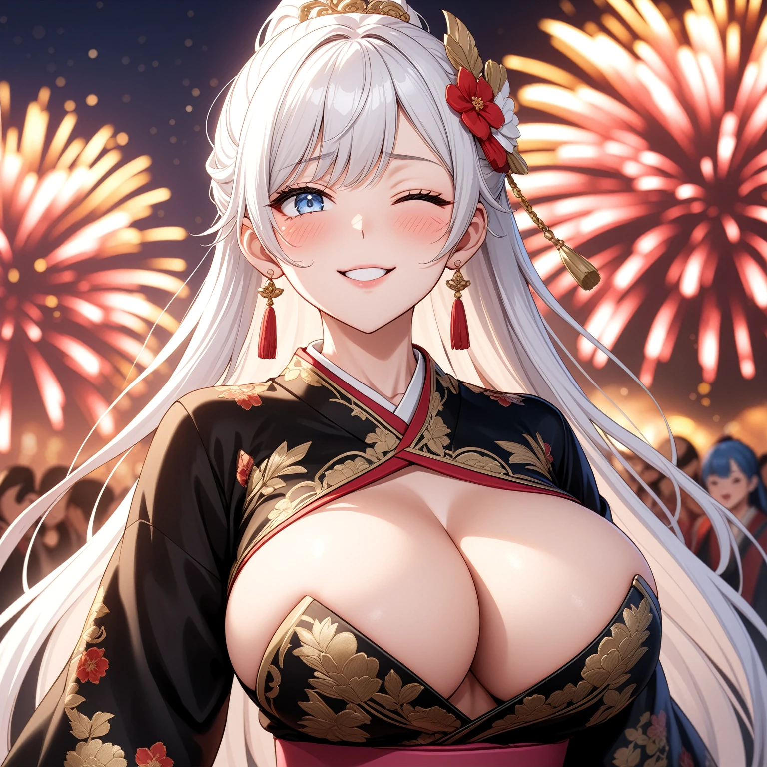 ((one personの女性)), Beautiful Face,Expressions of embarrassment and kindness,Laugh shyly,((Wink:2.0)),turn bright red,Glossy pink lips,night,Fireworks mountain((Anime style background)),masterpiece, highest quality, so beautiful, up to date, Complex details, (Pink long nails),AI-generated, Complex,High resolution, highest quality, super high quality,3D Images、View your audience、3D Images,one person,Long white hair,High Ponytail,blue eyes,Anime woman posing for a photo, [[Fine grain、Colorful eyes、Shining Eyes:1.15]],(Squint your eyes:1.1),a hyperRealistic , hyperRealistic , Realistic,Long haired white haired anime woman, Smooth anime CG art, A woman in a colorful kimono with gold embroidery, (Black kimono),Red floral pattern,Long flower hair ornament,Big earrings,(Big Breasts:1.2),Mature Body,expensive,Big Ass,Fine details,Tight waist,Abdominal muscles,(Face close-up:1.5),