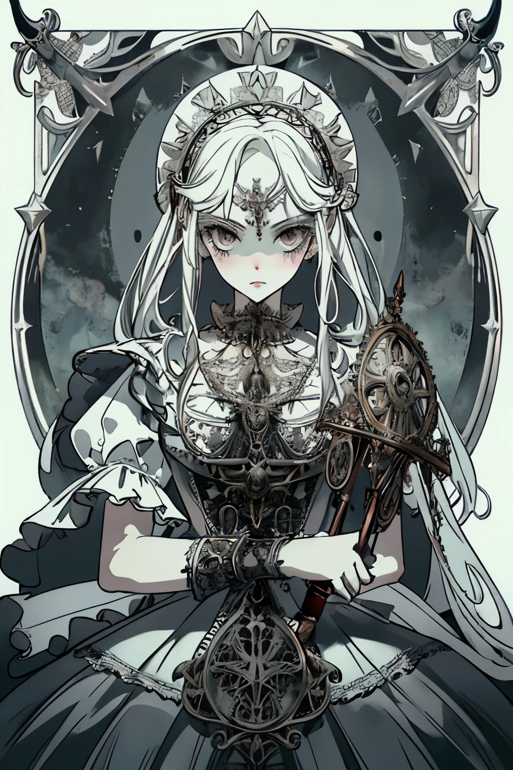 ((best quality)), ((masterpiece)), (detailed), perfect face ((best quality)), ((masterpiece)), (detailed), blank white background, plain background, white background, Bloodborne inspired, occult aesthetic, occult, detailed and intricate steampunk and detailed gothic, (zentangle, mandala, tangle, entangle), NSFW, torn clothing, Very dramatic and cinematic lighting, cosmic horror, grim-dark, side-lighting, perfect face, a beautiful goddess adorned and enshrined in armour, Bloodborne inspired , occult aesthetic , occult , detailed and intricate steampunk and detailed gothic , wielding a sword and holding a shield, NSFW, Fluttering lace flared long knee length dress with frilly petticoats, knee length dress, pleated petticoats, lolita dress, petticoats gothic lolita, side-lighting, gothic lolita aesthetic, beautiful small breasts, small breasts, full body, whole body, body, plain background, white background, blank background, no background, white background NSFW, full body, whole body, head-to-toe