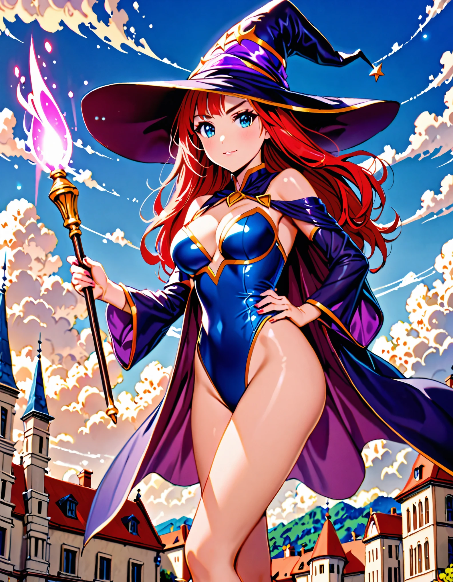 1girl, high school student, superhero, holding wand, superhero sorceress witch, sky witch, leotard, blue leotard with white accents, bare legs, blue thigh-highs, red high heels, witch hat, red hair, long hair, blue eyes, beautiful detailed eyes, beautiful detailed face, cute face, medium breasts, age 16-18, solo, solo focus, wonder