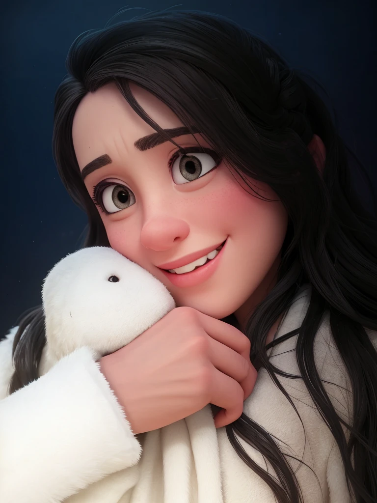 A young woman with straight, shoulder-length dark hair is smiling and holding a large white stuffed animal with blue ears against her face. She wears a light-colored blouse and appears to be outdoors on a sunny day.