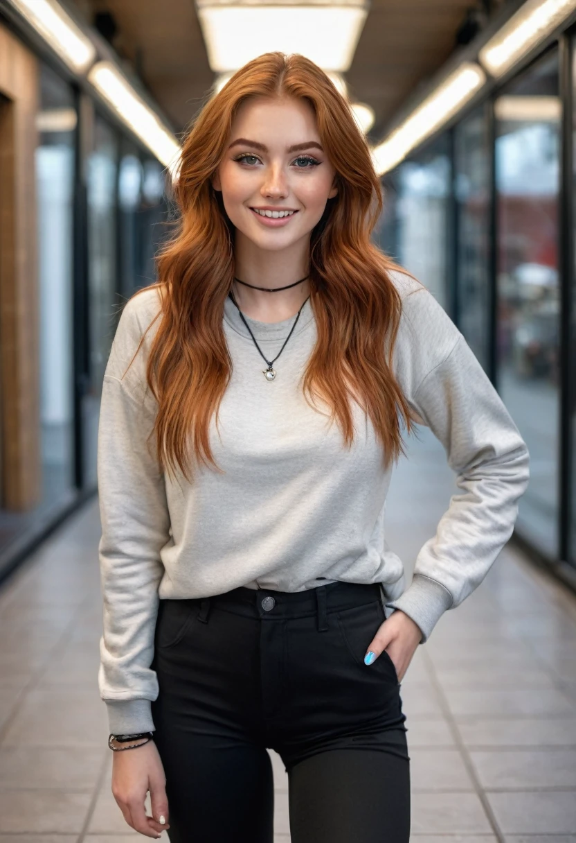 hyperrealistic beautiful busty 20-year-old woman with long legs wearing casual clothes longsleeve shirt with black skinny pants and sneakers, model shooting full body photography, natural redhead long straight hair, freckles, soaky wet skin, dark eye makeup with eyeliner, seductive smile, small necklace, 8K, Best quality, Meisterwerk, ultra high resolution, (Realismus: 1.4), Originalfoto, (realistische Hautstruktur: 1.3), (Filmkorn: 1.3), (Selfie-Winkel), 1 girl, Beautiful round hazel eyes and facial details, Meisterwerk, Best quality, indoor photography in a puffer jacket store
