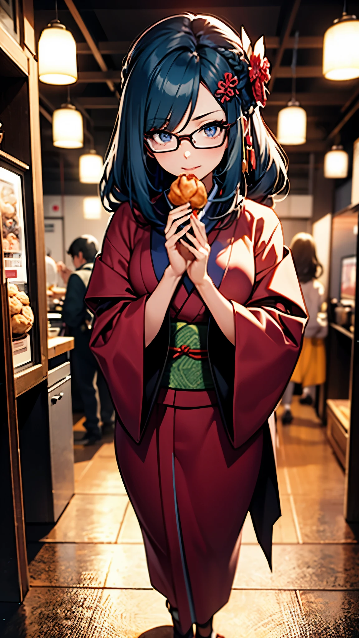 (1girl:1.3), Masterpiece, Best quality, amazing beauty, [[3D]], 4K, absurdres, finely detail, super detailed eye, perfect anatomy, official art, cinematic lighting, BREAK, kitchen, silky long hair, silky braid hair, blue hair, super shiny detailed brown eyes, big eyes, tsurime, cute eyes, thin eyebrow, Staring, full lips, Eating Mitarashi dumplings, mascara, Eyeshadow, False eyelashes, red lips, red round cell frame glasses, hairpin, Joyful, BREAK , usually, , slender, pale skin, glistening skin, praying hands, full body, from front, Underlighting, BREAK , BREAK, (wearing beautiful kimono:1.2)