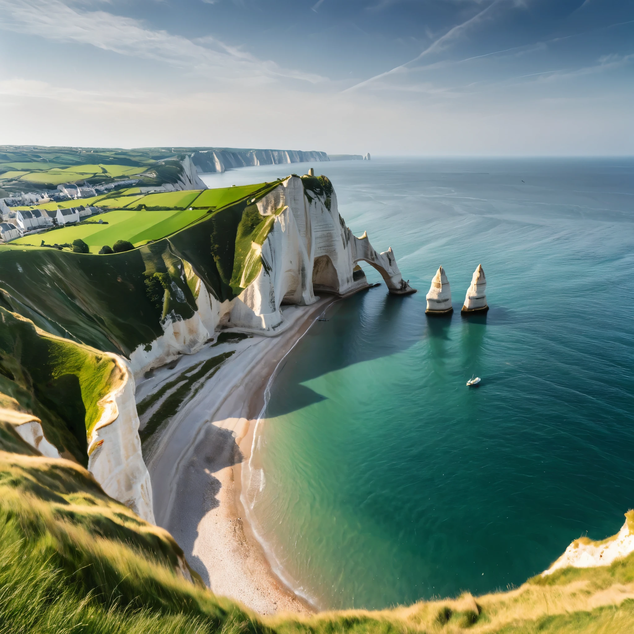a breathtaking coastal landscape featuring the famous white chalk cliffs of Étretat in Normandy, France. The scene should showcase the towering cliffs with their unique arch formation and the lone needle rock standing tall in the azure waters of the English Channel. The cliffs should have a rugged, layered texture with patches of greenery on top. The beach below should have a mix of sand and pebbles, with gentle waves lapping at the shore. In the distance, capture the rolling hills and a small coastal town, adding a touch of civilization to the serene natural beauty. A pirate ship is anchored off shore, micro detailed, sails are down, 3 pirates are rowing a lifboat towards the shore. The sky should be clear and bright, enhancing the vibrant colors of the sea and the cliffs.