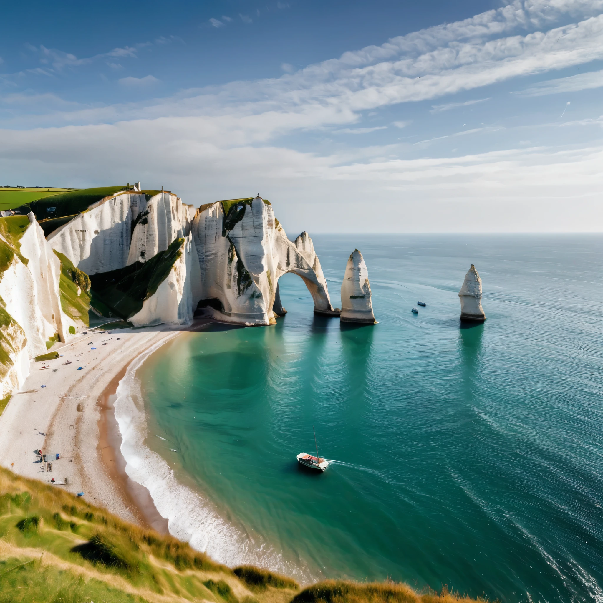 a breathtaking coastal landscape featuring the famous white chalk cliffs of Étretat in Normandy, France. The scene should showcase the towering cliffs with their unique arch formation and the lone needle rock standing tall in the azure waters of the English Channel. The cliffs should have a rugged, layered texture with patches of greenery on top. The beach below should have a mix of sand and pebbles, with gentle waves lapping at the shore. In the distance, capture the rolling hills and a small coastal town, adding a touch of civilization to the serene natural beauty. A pirate ship is anchored off shore, micro detailed, sails are down, 3 pirates are rowing a lifboat towards the shore. The sky should be clear and bright, enhancing the vibrant colors of the sea and the cliffs.