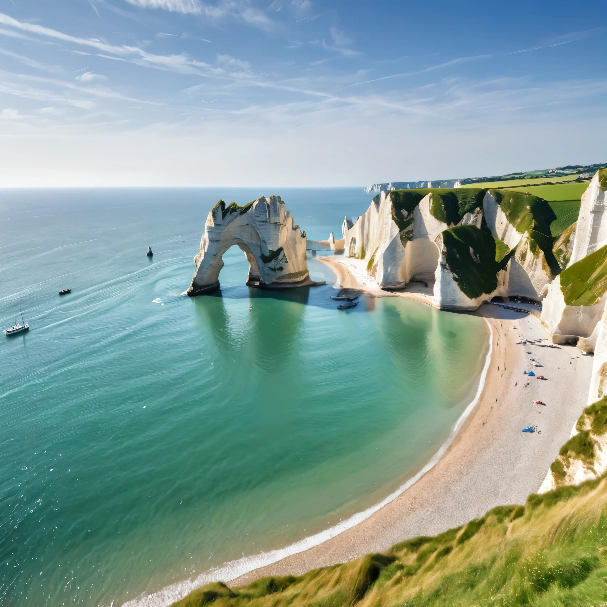 a breathtaking coastal landscape featuring the famous white chalk cliffs of Étretat in Normandy, France. The scene should showcase the towering cliffs with their unique arch formation and the lone needle rock standing tall in the azure waters of the English Channel. The cliffs should have a rugged, layered texture with patches of greenery on top. The beach below should have a mix of sand and pebbles, with gentle waves lapping at the shore. In the distance, capture the rolling hills and a small coastal town, adding a touch of civilization to the serene natural beauty. A pirate ship is anchored off shore, micro detailed, sails are down, 3 pirates are rowing a lifboat towards the shore. The sky should be clear and bright, enhancing the vibrant colors of the sea and the cliffs.