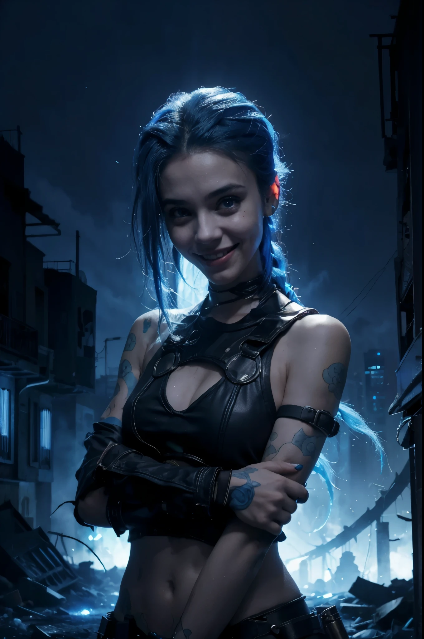 Jinx sorriso louco. Cidade Negra, atmosphere with blue lights destroyed environment woman with sad face with crazy smile
