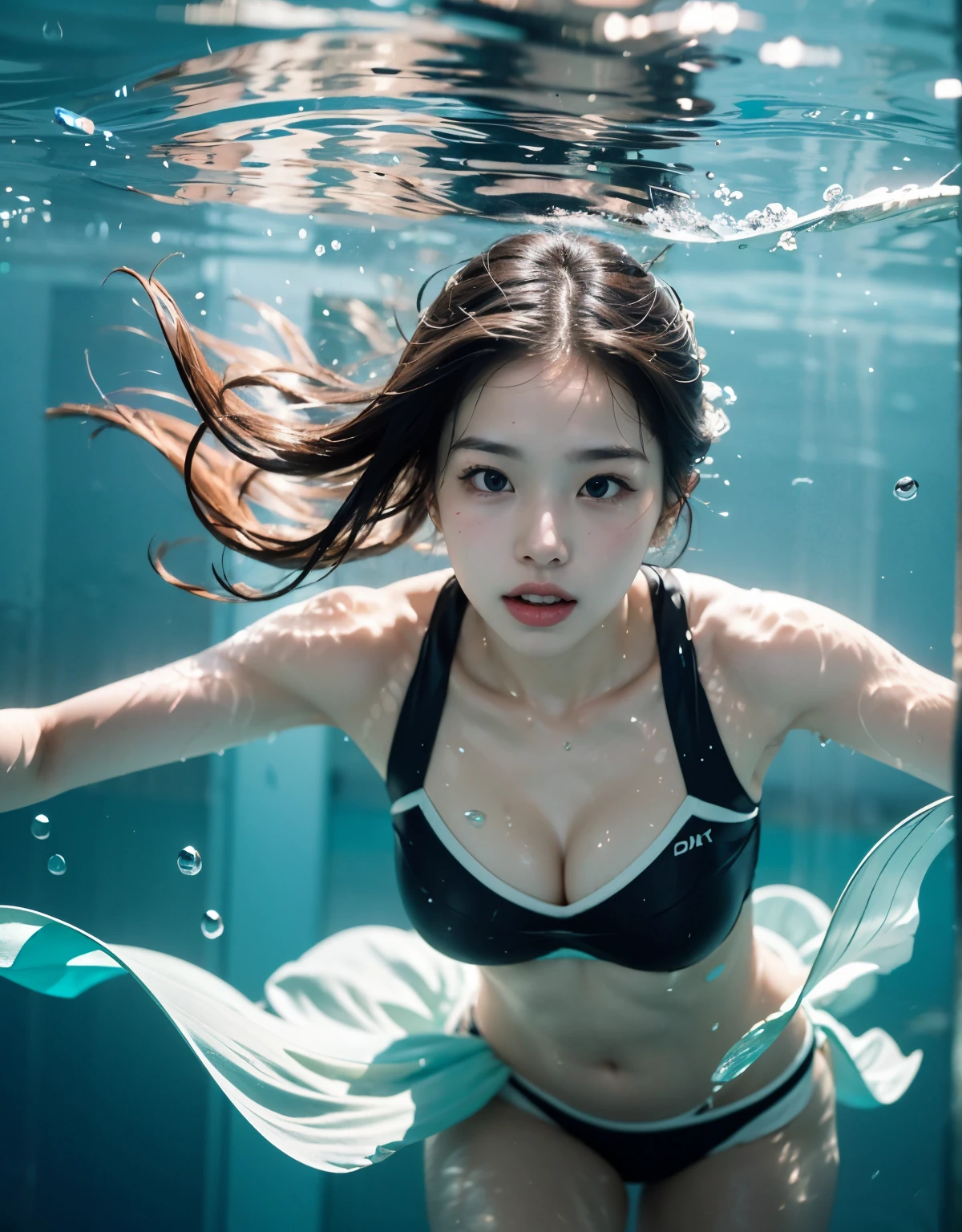 (8K分辨率,(Portrait of a person taken in the ocean),barebacked,Contains underwater sub-shots,Women's diving swimming),(femele,age 22,((s delicate face,详细的脸,Mature face,Small bubbles on the face),(Flowing hair in the water,Hair that flutters with the waves,Detailed shadows of hair floating underwater)),Fair smooth skin,Skin with small bubbles,(Best Skin Type:1.21),Flesh-colored breast patches,perfect body figure,Perfect back,Delicate skin texture,((Smooth back,Openwork lace lingerie,(black in color,red colour),(Soak in seawater,Multiple people frolic)),delicate leg,perfect hand),(Luxury beachfront gatherings,Scene of multiple people frolicking in the water,Clear water,spray,Floating bubbles,Exquisite environmental details),(Professional lighting,Artistic lighting,Refraction of light in seawater)),(Golden ratio line,Underwater art shots,Bokeh in deep sea background,Hasselblad photograp,tmasterpiece:1.3),(advanced art,wallpaper hd,Official propaganda,Art platform)