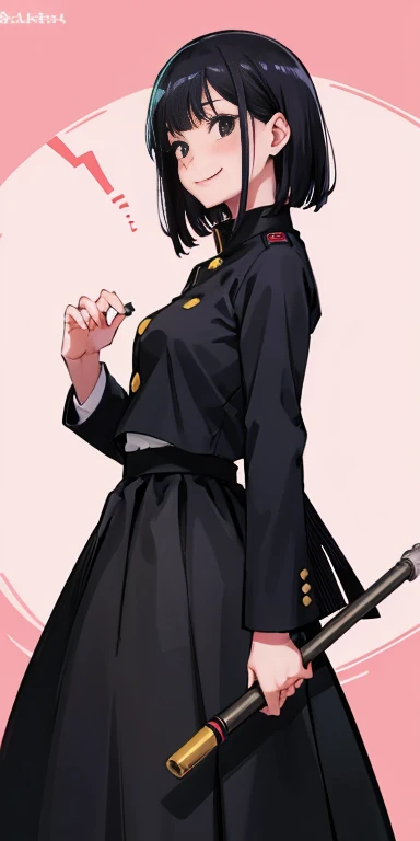 anime girl, wearing jujutsu kaisen inspired uniform, all black uniform, long black hair with bangs, black eyes, beautiful, long skirt, small , smiling, blushing, very long hair