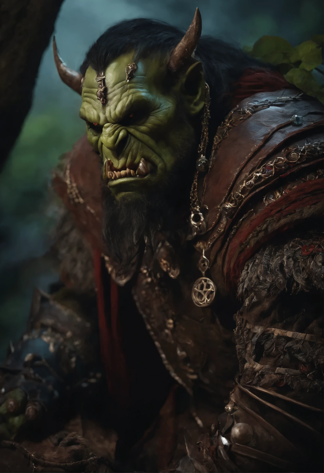 (papel de parede 8k extremamente detalhado), An average photo of a fearsome necromancer Orc, intrincado, alto detalhe, dramatic
