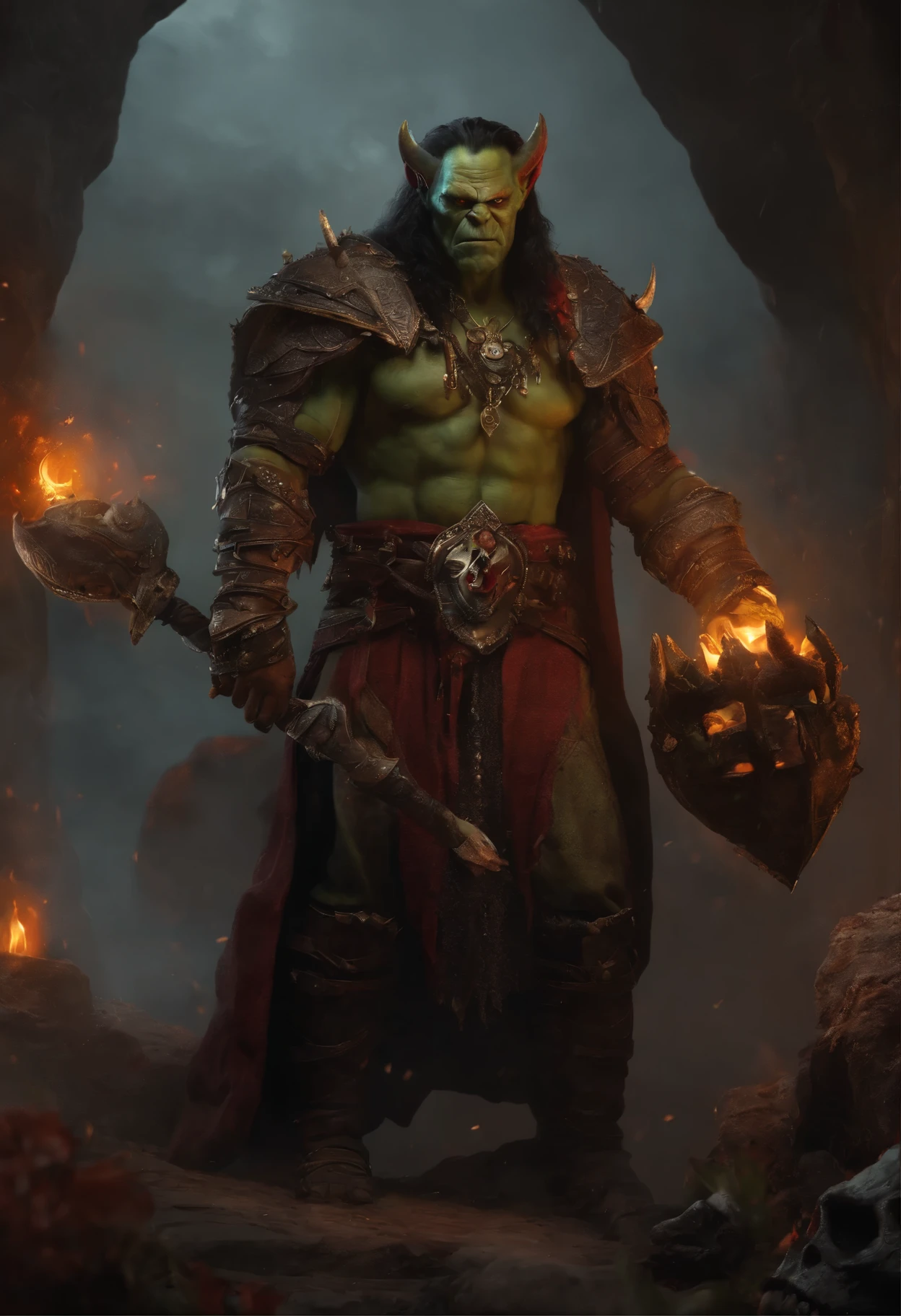 (papel de parede 8k extremamente detalhado), An average photo of a fearsome necromancer Orc, intrincado, alto detalhe, dramatic