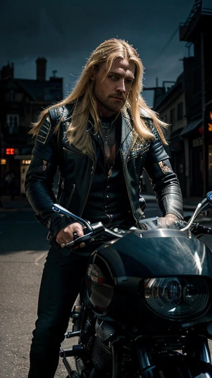 a man with striking blue eyes, long blond hair, wearing a black leather motorcycle club vest, tattoo of a wolf's head with a skull, riding a Harley motorcycle, highly detailed, realistic, photorealistic, cinematic lighting, dramatic shadows, vibrant colors, moody atmosphere