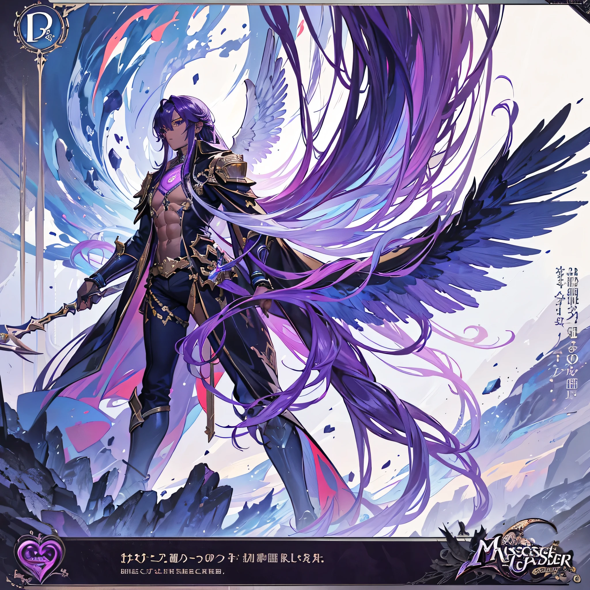 (Masterpiece, best quality), detailed, 1 man, ((character concept art)), ((character design sheet, same character, front, side, back)), full body, body complete, 1 Male angel, 1 Man angel, Detailed face, character design sheet,full bodyesbian, Highly detailed, character sheet, character design, Many parts, dark skin, angel wings, long purple hair, angel outfit, muscle male god, male clothes, masculine, muscle man, male muscle, manly, male angel, Muscle male with long long purple hair,beautiful man, beautiful muscle man, abs, pectoral muscle