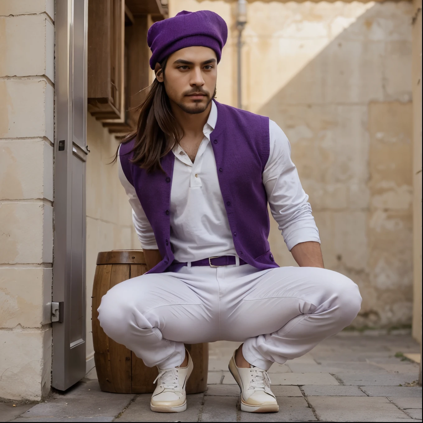 Hombre, sin barba, camisa morada, purple trousers, capa color blanca con toques de dorado, Brown Shoes, cuerpo fuerte y Sombrero color blanco con toques dorados