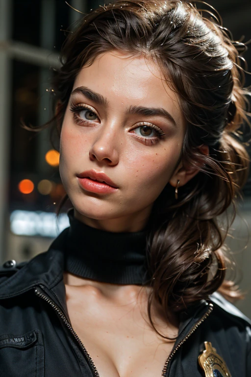 ((best quality)), ((masterpiece)), (detailed), perfect face USA police officer Elsa hairstyle big pumped lips , police officer uniform , new york cleavage gym , super detailed face lips eyes ,