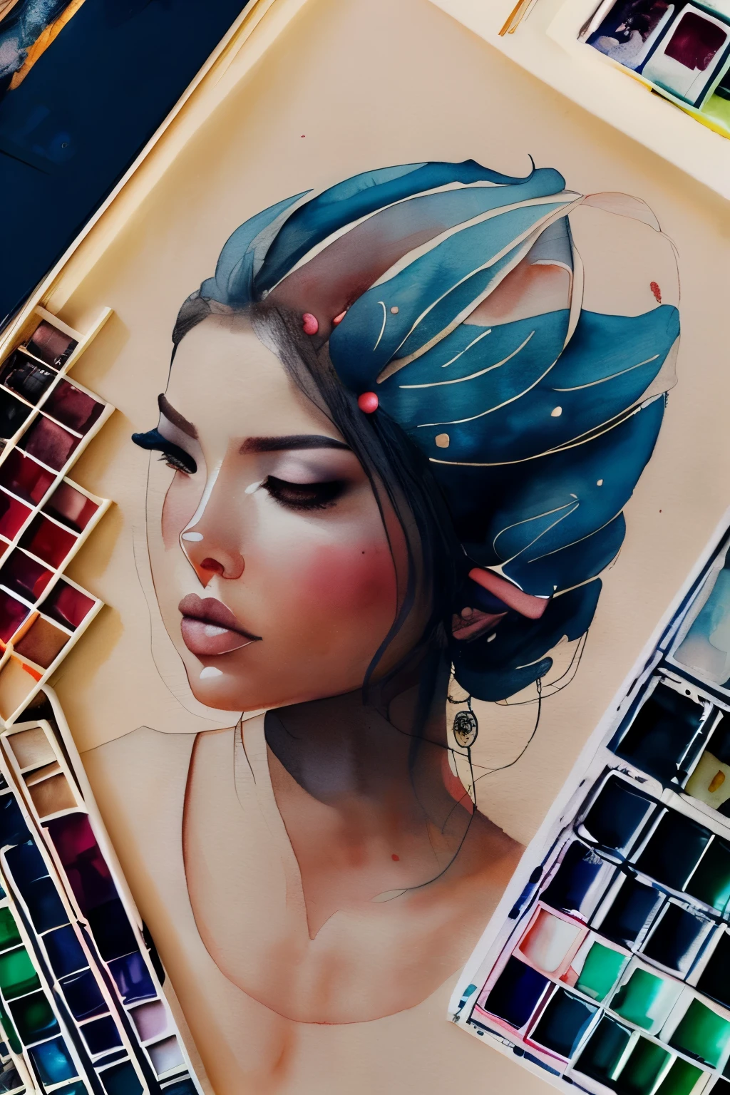This is a realistic and detailed watercolor fantasy image. Generate a beautiful ethereal woman with beautiful detailed eyes and puffy lips. The woman's face is interesting and perfect, and she is magical and sweet. The aesthetic of the image is sweet watercolor painting. In the trending style of Art Station.