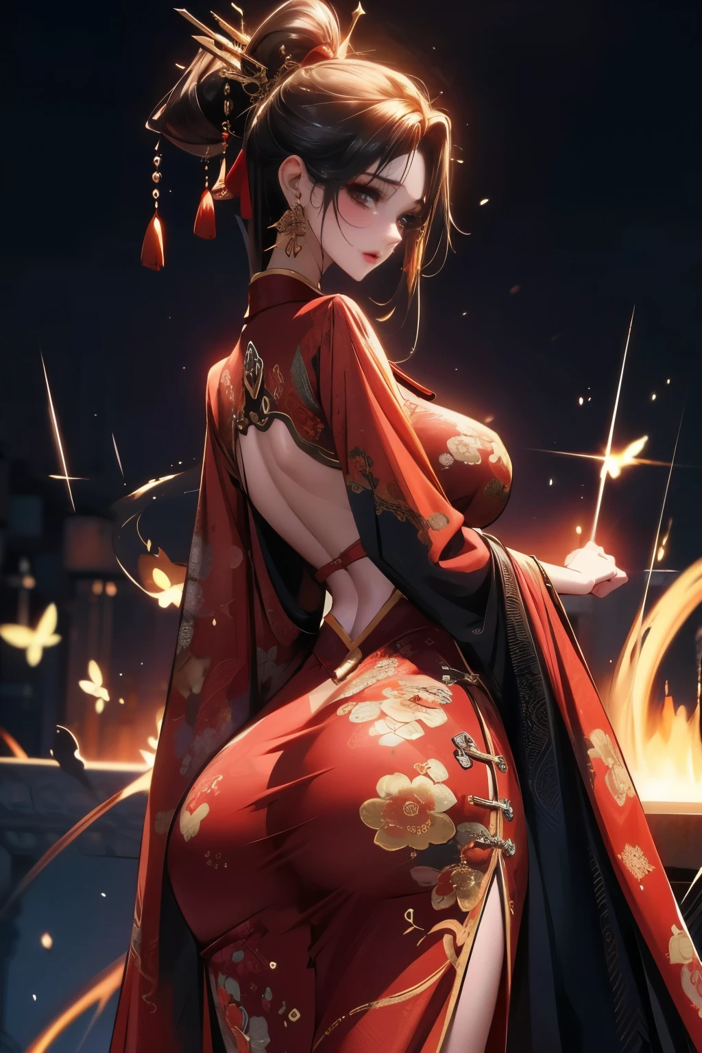 （abstract artistic：1.4）， tmasterpiece， best qualtiy， Ultra-high resolution， big breasts beautiful， Visually stunning， （1girll：1.2）， crimson themed， dark red color， Bleeding red， Halo， looking at viewert ，full bodyesbian，high-heels，woman，nvshen，dunhuang，Hanfu，Red and gold dress,（tmasterpiece，top Quority，best qualtiy，offcial art，Beauty and aesthetics：1.2），Charming mature woman，The is very detailed，（s fractal art：1.1），（a color：1.1）（blossoms：1.3），Most detailed，（ zentangle:1.2), (Dynamic pose), (abstract backgrounds:1.3), (Chinese Traditional Cloth:1.2), (Shiny skin), (many color:1.4), ,(Earrings:1.4),（（fashion icon|Fashionistas|1 Fashionista（individually）|trendsetter|Mannequin）），Ancient Chinese clothing， full bodyesbian， rays of sunshine， Clear face，((best qualtiy)), ((tmasterpiece)), (the detail:1.4), hdr（HighDynamicRange）,Ray traching,NVIDIA RTX,Hyper-Resolution,Unreal 5,Subsurface scattering、PBR Texture、post-proces、Anisotropy Filtering、((Best quality)), ((Masterpiece)), (Highly detailed:1.3),Masterpiece, Best quality, Translucent skin, （tmasterpiece，best qualtiy，realisticlying：1.37），（Complex and sophisticated，Highly detailed skin and face），（Complex and sophisticated，high detailed hand）， Clear face， tmasterpiece， super detailing， Epic composition， hyper HD， high qulity， extremely detaile， offcial art， Uniform 8K wallpaper， super detailing，High resolution CG，depth of fields、maximum definition and sharpness、Many-Layer Textures、Albedo e mapas Speculares、Surface coloring、Accurate simulation of light-material interactions、rendering by octane、Two-colored light、largeaperture、Low ISO、White balance、the rule of thirds、8K raw data，Little ass，,long leges,Little ass,Indifferent eyes,Realistic art,Dominatrix,femdom,high ponytails，high and cold，A look of contempt，180cm tall
