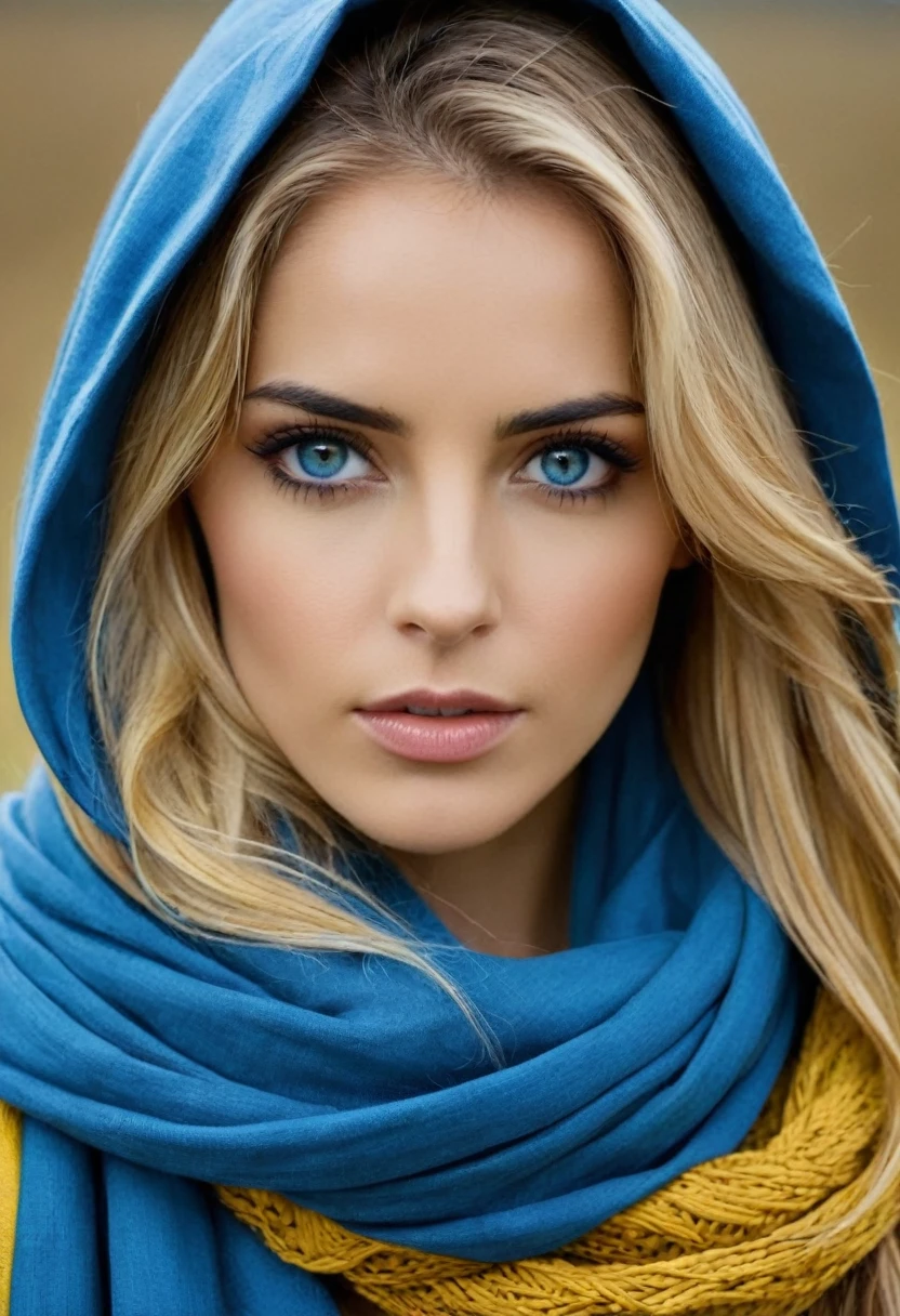 La imagen es un retrato estilizado de una mujer de largo cabello rubio ojos azules. Lleva una capa con capucha amarilla y una bufanda alrededor del cuello. His gaze is directed to the side and he has a serious expression on his face..