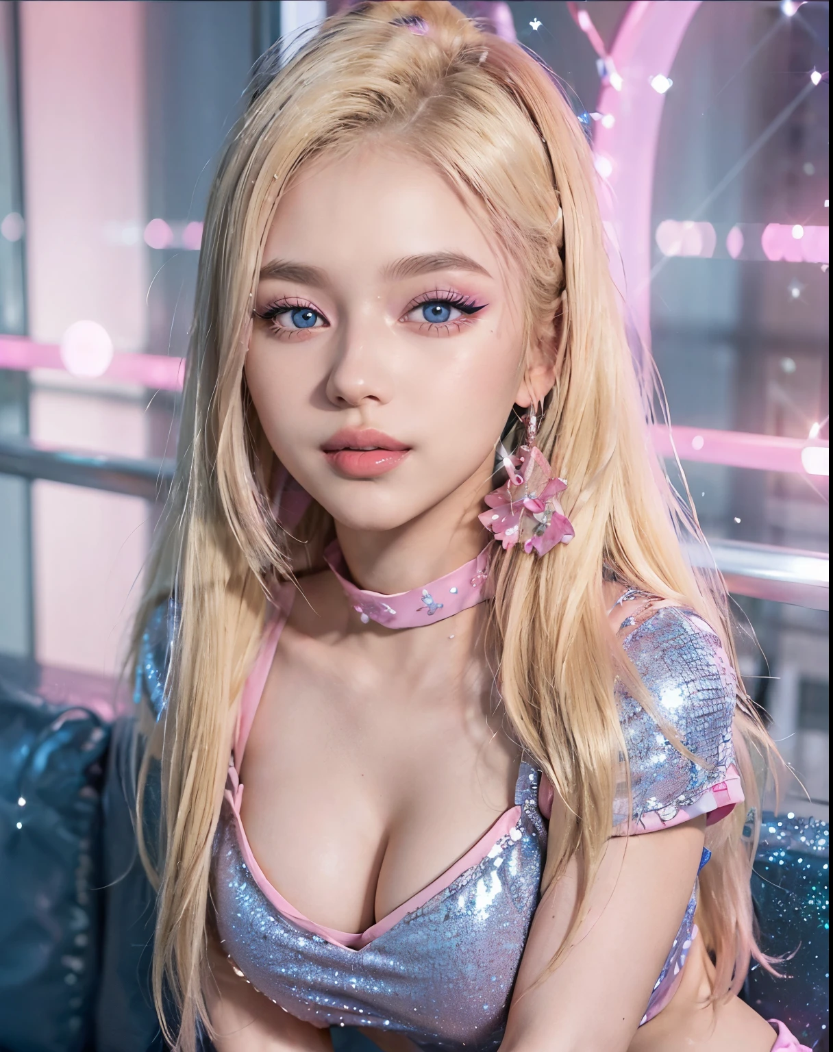 1girl, (Blue Eyes), (smiling :1.2), (Sana Minatozaki), (pink makeup with glitter :1.2), (wide hips), (Big tits), (big ass),  (Best Quality, 8k, Masterpiece: 1.3), Clear Focus: 1.2, Perfect Body Beauty: 1.4, strong abs, Highly detailed face and skin texture, (detailed eyes :1.1), double eyelids, (blonde long straight hair :1.4), (cleavage hot pink t-shirt :1.3), jeans, standing, (close-up of the face :1.2), on the streets of Los Angeles