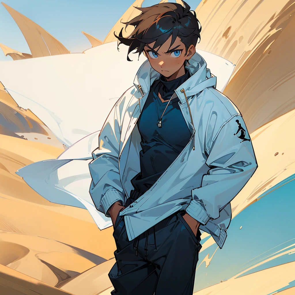 ((masterpiece,best quality,1boy,male focus,looking at viewer,solo,closed mouth,muscular,muscle,teenager,katana,swordsman,samurai))
(faded brown hair,short length hair,undercut hair),((((bright cerulean blue eyes,perfect eyes,glowing eyes,perfect face,calm demeanor)))),(((modern clothing,white hood,white jacket,black jogger pants,white jordans))),dark skin color,standing still,caramel skin color,hands in pocket
((desert background,sand,dunes,sun,afternoon))