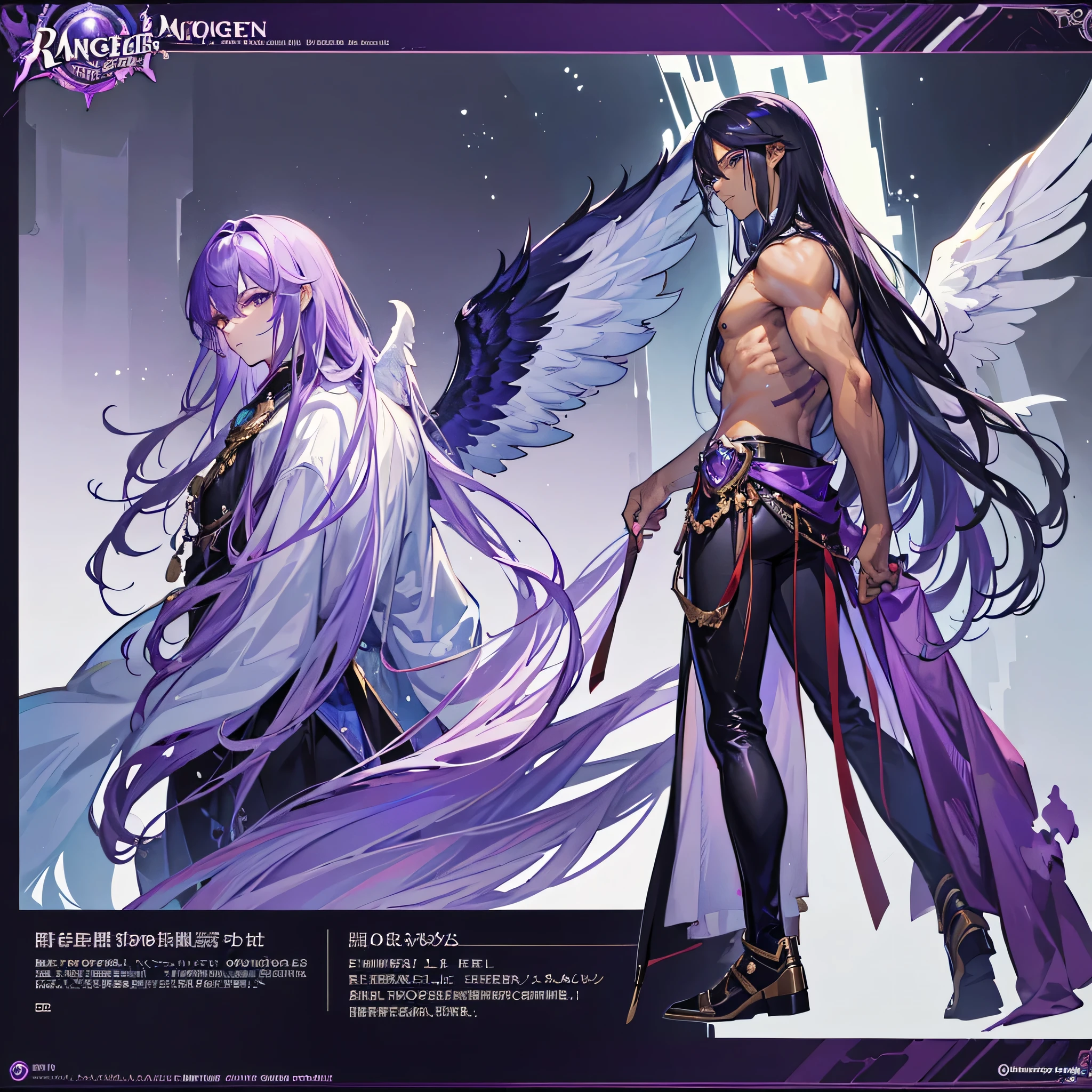 (Masterpiece, Highest quality), (Masterpiece, best quality), detailed, 1 Male, (character concept art), (character design sheet, same character, front, side, back), (masterpiece), (((best quality))), (character design sheet, same character, front, side, back), 1 Male, 1 Man, Detailed face, character design sheet，full bodyesbian, Highly detailed, character sheet, character design, Many parts, dark skin, angel wings, long purple hair, angel outfit, masculine, muscle man, male muscle, manly male, manly man, male angel, manly angel, Muscle male with purple long hair，handsome man, male angel , man tall