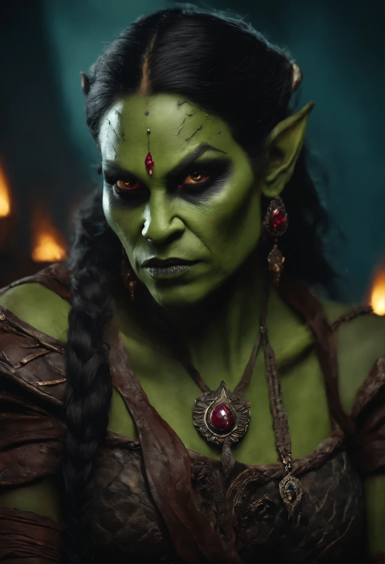 (papel de parede 8k extremamente detalhado), An average photo of a fearsome female Orc necromancer, intrincado, alto detalhe, dramatic