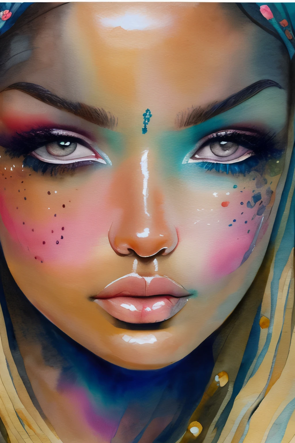 This is a realistic and detailed watercolor fantasy image. Generate a beautiful ethereal woman with beautiful detailed eyes and puffy lips. The woman's face is interesting and perfect, and she is magical and sweet. The aesthetic of the image is sweet watercolor painting. In the trending style of Art Station.